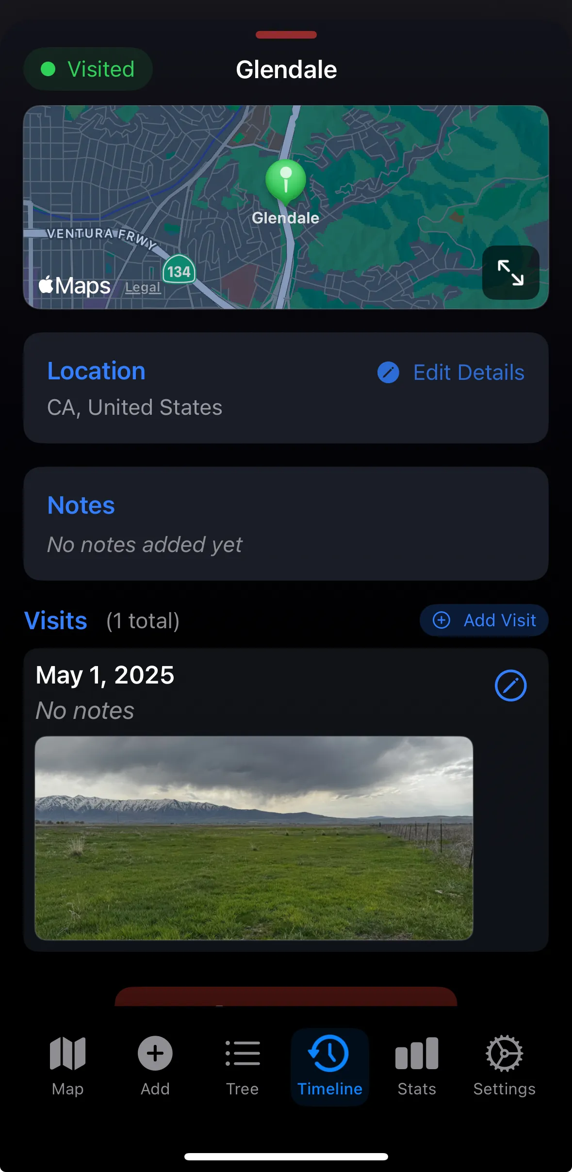 TrekPins iPhone app showing the chronological travel timeline screen