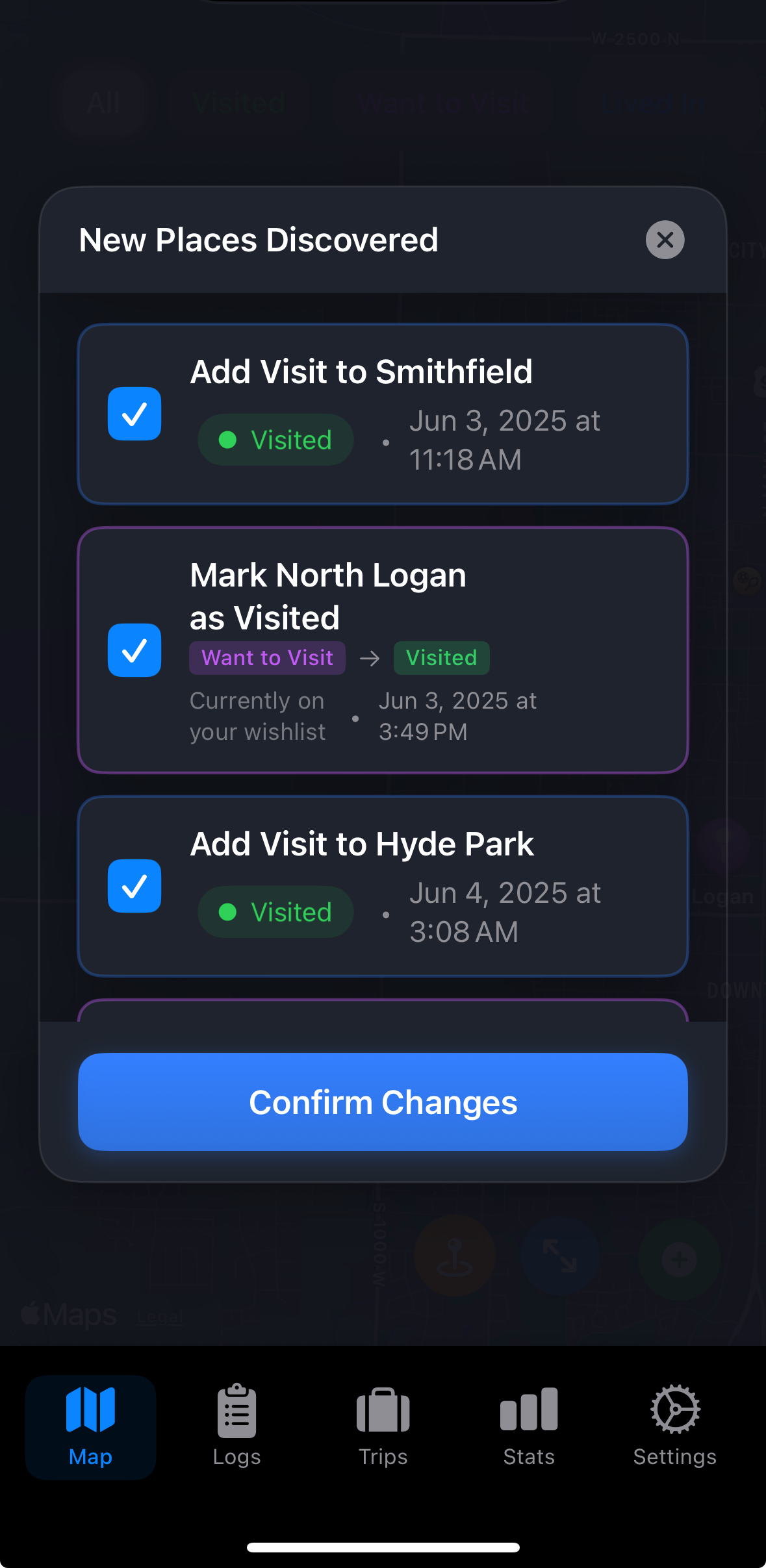 TrekPins iPhone app showing the chronological travel timeline screen