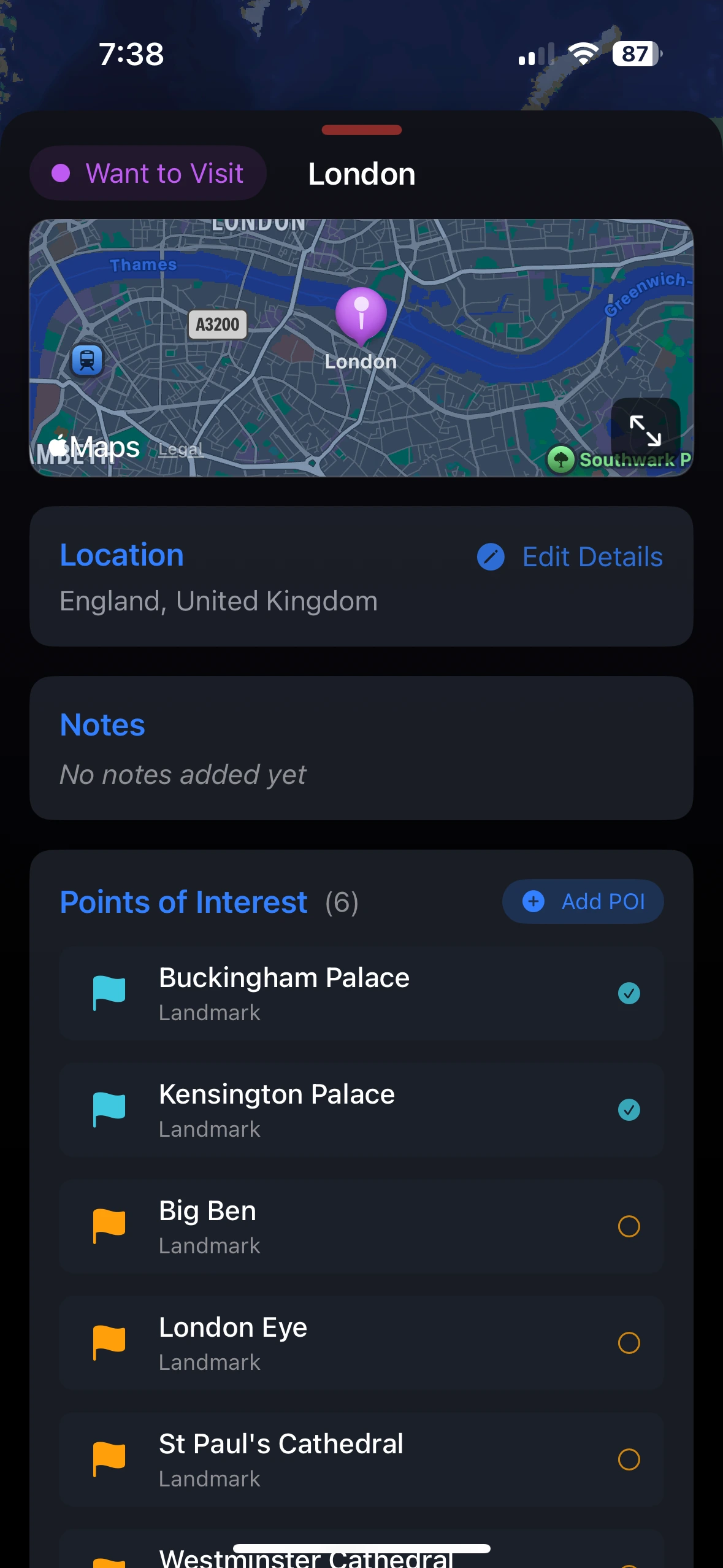 Points of interest tracking interface showing landmarks and restaurants