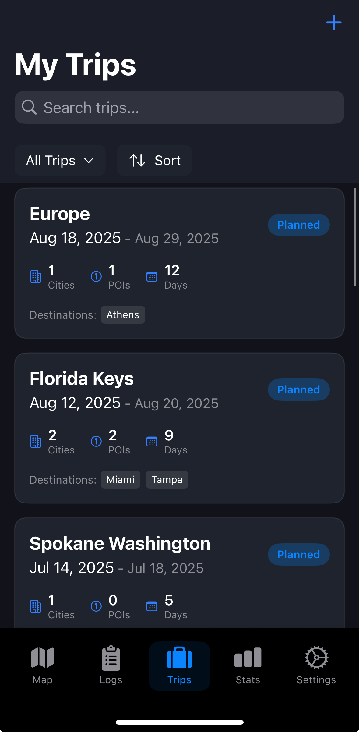 TrekPins trip planning and itinerary feature interface